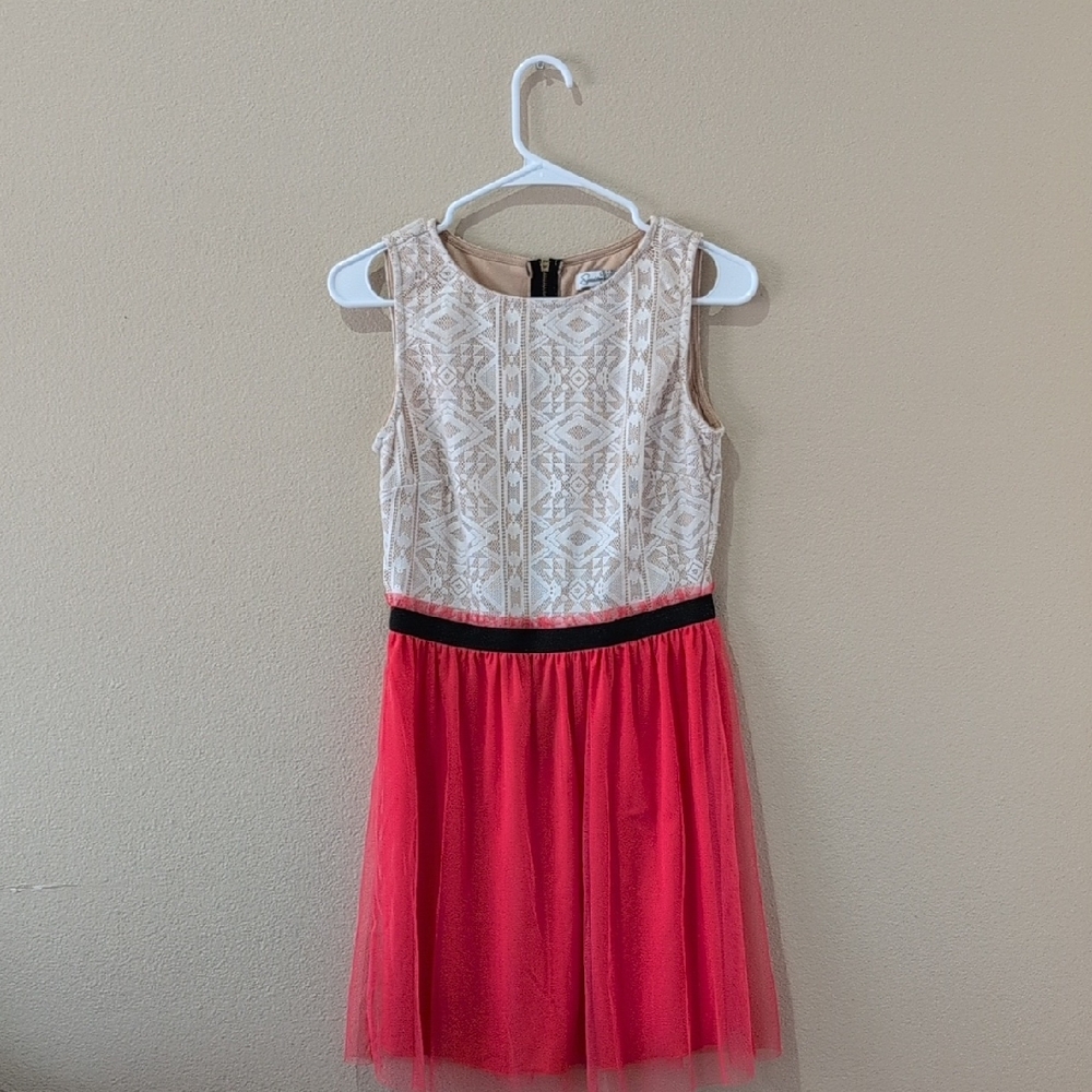 Speechless Cream Lace Bodice with Coral Pink Tulle Skirt Dress